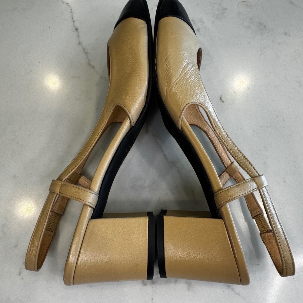 FS/NY French Sole Wom 9.5 B Beige Black Cap Toe Leather Slingback Low Block Heel - Picture 3 of 15